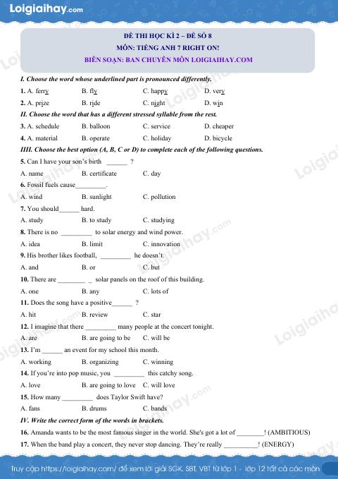 Đề thi học kì 2 Tiếng Anh 7 Right on! - Đề số 8
